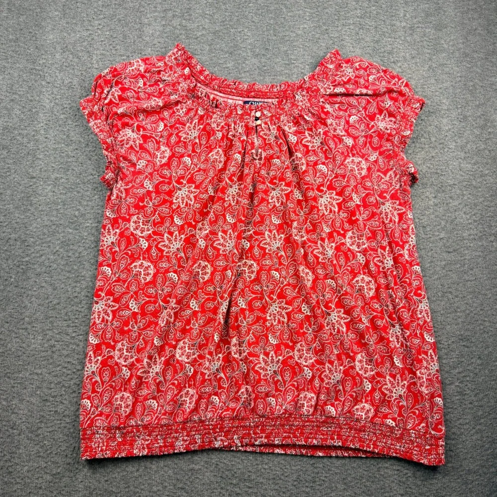 Chaps Women's 2X Red Paisley‎ Floral Cap Sleeve Blouse Top Cotton